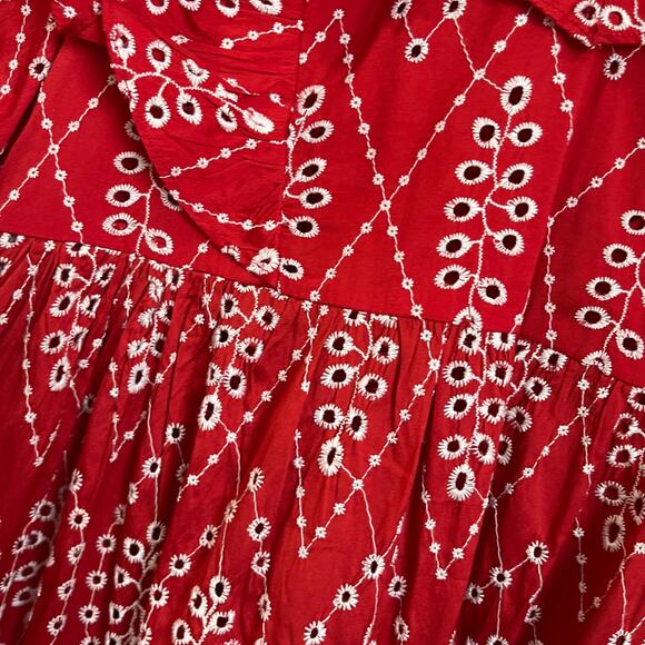 Zara Red Dress with Eyelet Embroidery Midi Length Size Small - Picture 4 of 16